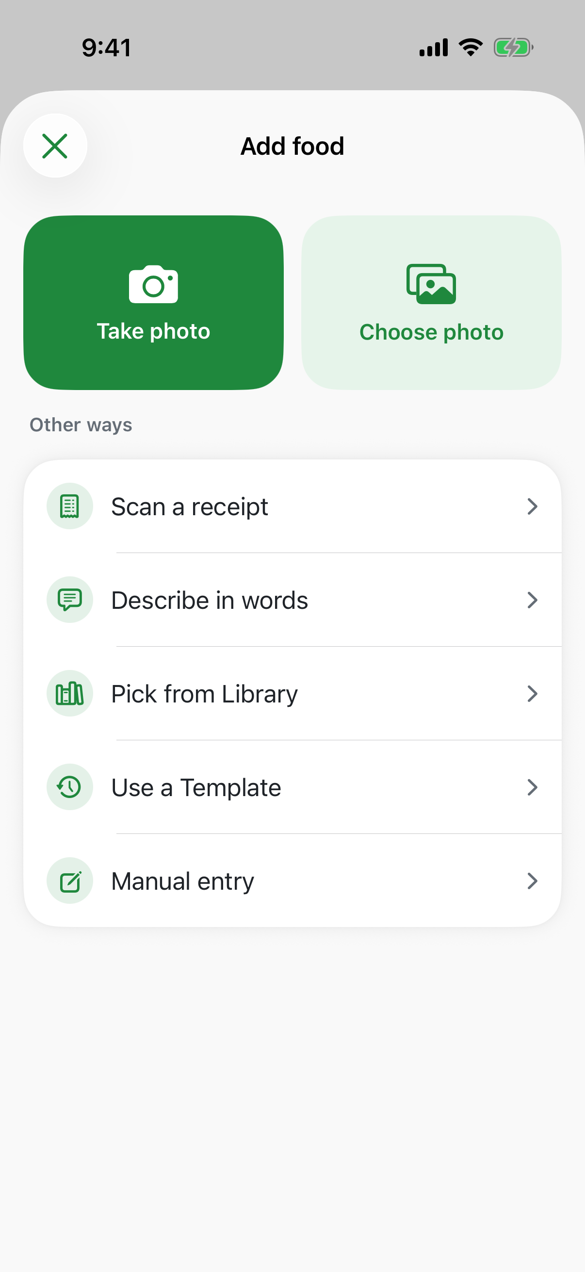 Intake Plan Add Food screen