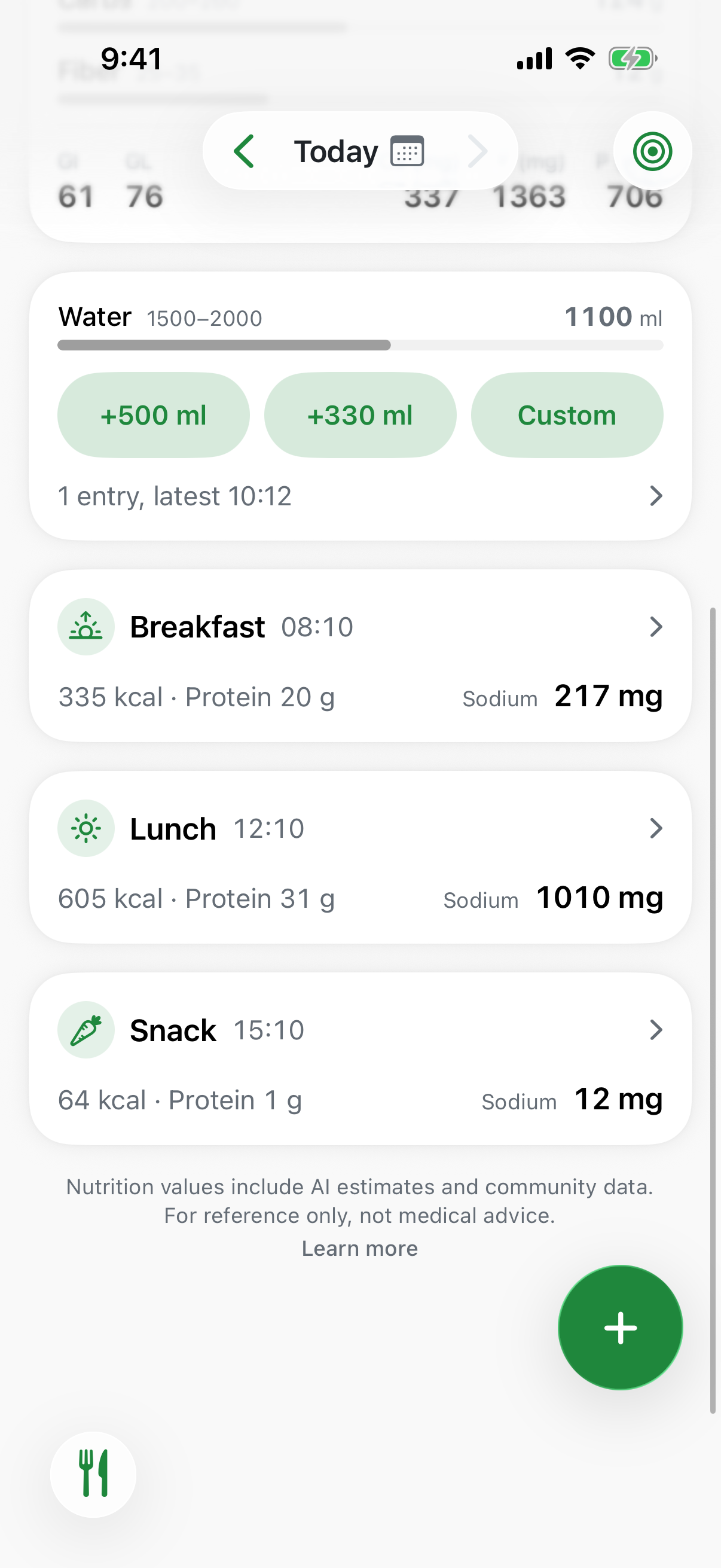 Intake Plan daily meals screen